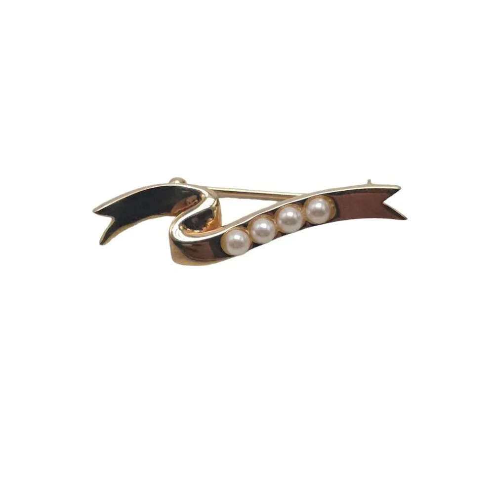 Avon 1984 Pearls Representative Presidents Club Ribbon Brooch Pin Gold Tone VTG